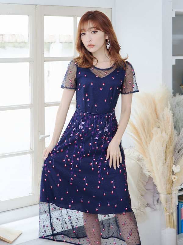 画像4: Lサイズあり 【GINZA COUTURE/銀座クチュール】 デザイン刺繍/ ドットレース/ 半袖/ 袖あり/ Aライン/ ミディアム丈/ 膝丈/ フレア/ワンピース / キャバドレス[OF2] (4)