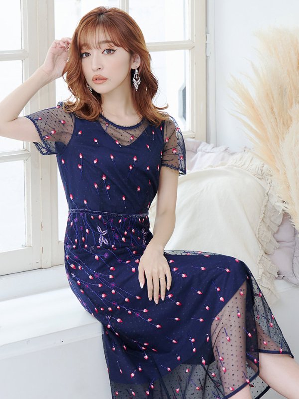 画像6: Lサイズあり 【GINZA COUTURE/銀座クチュール】 デザイン刺繍/ ドットレース/ 半袖/ 袖あり/ Aライン/ ミディアム丈/ 膝丈/ フレア/ワンピース / キャバドレス[OF2] (6)