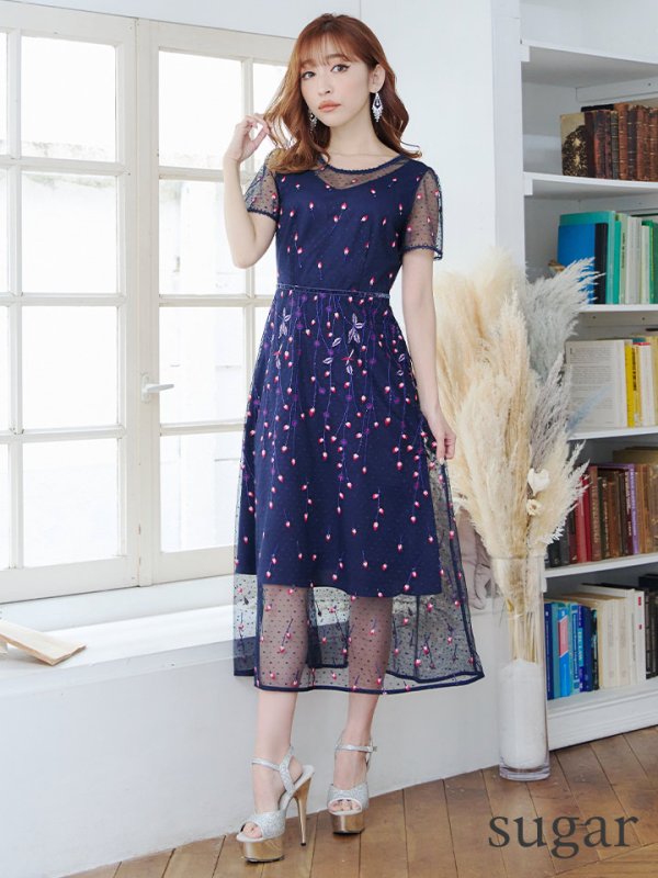 画像7: Lサイズあり 【GINZA COUTURE/銀座クチュール】 デザイン刺繍/ ドットレース/ 半袖/ 袖あり/ Aライン/ ミディアム丈/ 膝丈/ フレア/ワンピース / キャバドレス[OF2] (7)