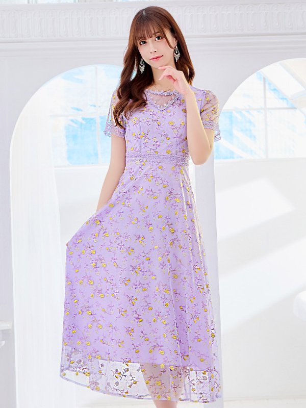 画像5: XS-Lサイズあり 【GINZA COUTURE/銀座クチュール】フラワー刺繍/ レース/ 半袖 / 袖あり/ Aライン/ ミモレ丈/ ワンピース/ ミディアムドレス/ キャバドレス[OF2] (5)