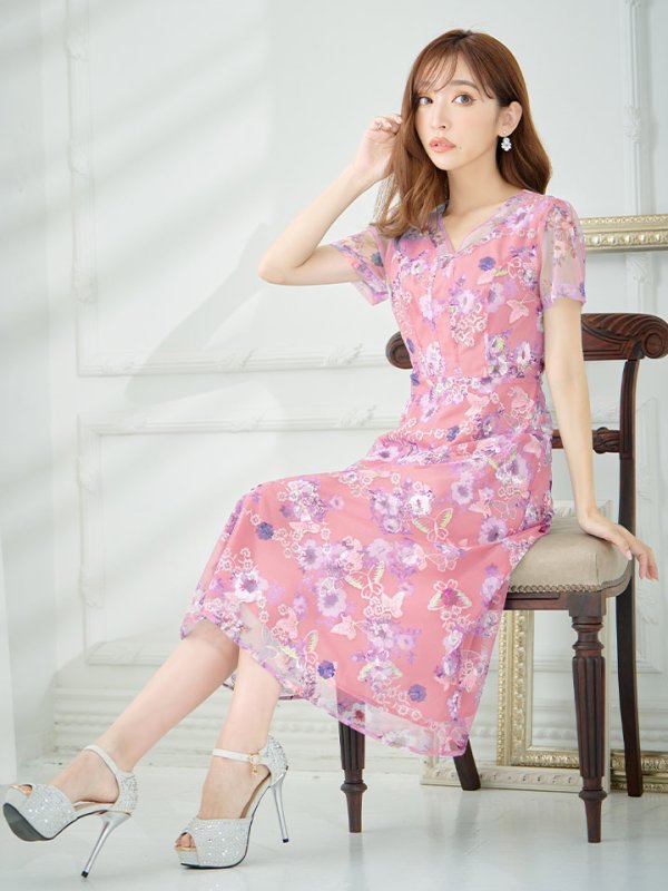 画像2: XS-Lサイズあり 【GINZA COUTURE/銀座クチュール】フラワープリント/ 刺繍/ 袖あり/ 半袖/ チュール/ Aライン/ フレア/ ミモレ丈/ ワンピース/ ミディアムドレス/ キャバドレス[OF2] (2)