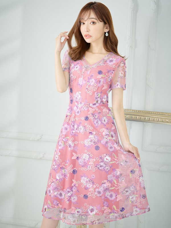 画像4: XS-Lサイズあり 【GINZA COUTURE/銀座クチュール】フラワープリント/ 刺繍/ 袖あり/ 半袖/ チュール/ Aライン/ フレア/ ミモレ丈/ ワンピース/ ミディアムドレス/ キャバドレス[OF2] (4)