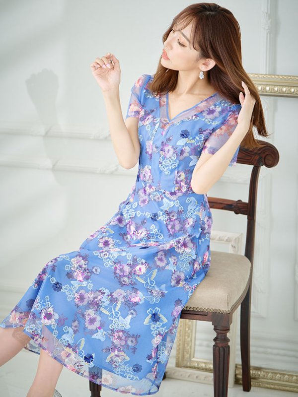 画像7: XS-Lサイズあり 【GINZA COUTURE/銀座クチュール】フラワープリント/ 刺繍/ 袖あり/ 半袖/ チュール/ Aライン/ フレア/ ミモレ丈/ ワンピース/ ミディアムドレス/ キャバドレス[OF2] (7)