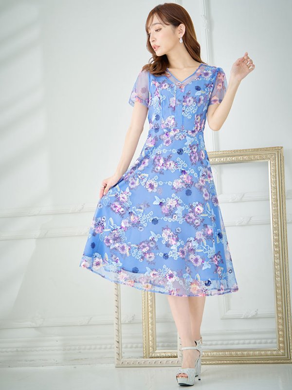 画像8: XS-Lサイズあり 【GINZA COUTURE/銀座クチュール】フラワープリント/ 刺繍/ 袖あり/ 半袖/ チュール/ Aライン/ フレア/ ミモレ丈/ ワンピース/ ミディアムドレス/ キャバドレス[OF2] (8)