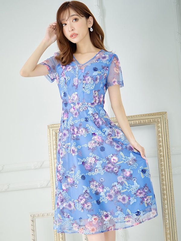 画像9: XS-Lサイズあり 【GINZA COUTURE/銀座クチュール】フラワープリント/ 刺繍/ 袖あり/ 半袖/ チュール/ Aライン/ フレア/ ミモレ丈/ ワンピース/ ミディアムドレス/ キャバドレス[OF2] (9)