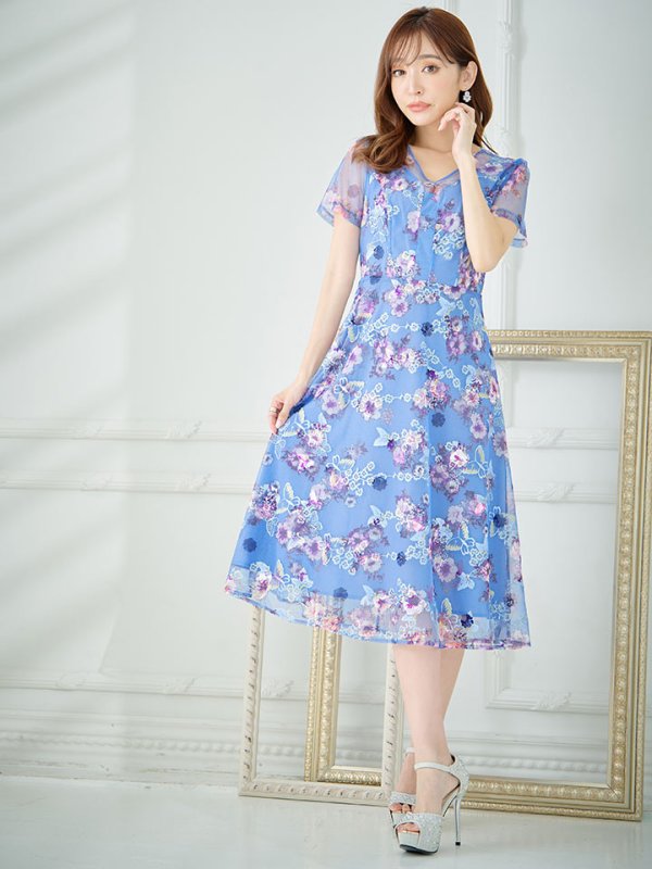 画像10: XS-Lサイズあり 【GINZA COUTURE/銀座クチュール】フラワープリント/ 刺繍/ 袖あり/ 半袖/ チュール/ Aライン/ フレア/ ミモレ丈/ ワンピース/ ミディアムドレス/ キャバドレス[OF2] (10)