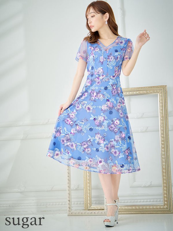 画像11: XS-Lサイズあり 【GINZA COUTURE/銀座クチュール】フラワープリント/ 刺繍/ 袖あり/ 半袖/ チュール/ Aライン/ フレア/ ミモレ丈/ ワンピース/ ミディアムドレス/ キャバドレス[OF2] (11)