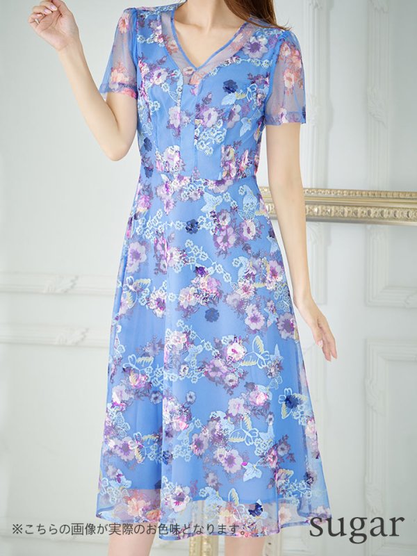 画像12: XS-Lサイズあり 【GINZA COUTURE/銀座クチュール】フラワープリント/ 刺繍/ 袖あり/ 半袖/ チュール/ Aライン/ フレア/ ミモレ丈/ ワンピース/ ミディアムドレス/ キャバドレス[OF2] (12)