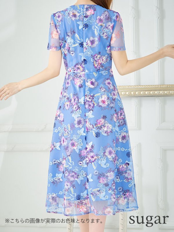 画像13: XS-Lサイズあり 【GINZA COUTURE/銀座クチュール】フラワープリント/ 刺繍/ 袖あり/ 半袖/ チュール/ Aライン/ フレア/ ミモレ丈/ ワンピース/ ミディアムドレス/ キャバドレス[OF2] (13)
