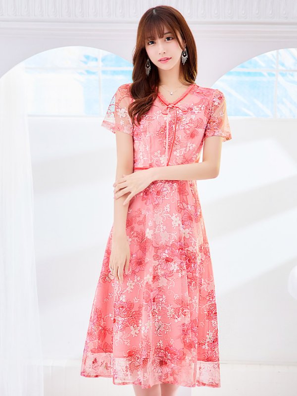 画像2: XS-Lサイズあり 【GINZA COUTURE/銀座クチュール】フラワー刺繍/ レース/ 半袖 / 袖あり/ Aライン/ ミディアム丈/ 膝丈/ ワンピース/ ミディアムドレス/ キャバドレス[OF2] (2)