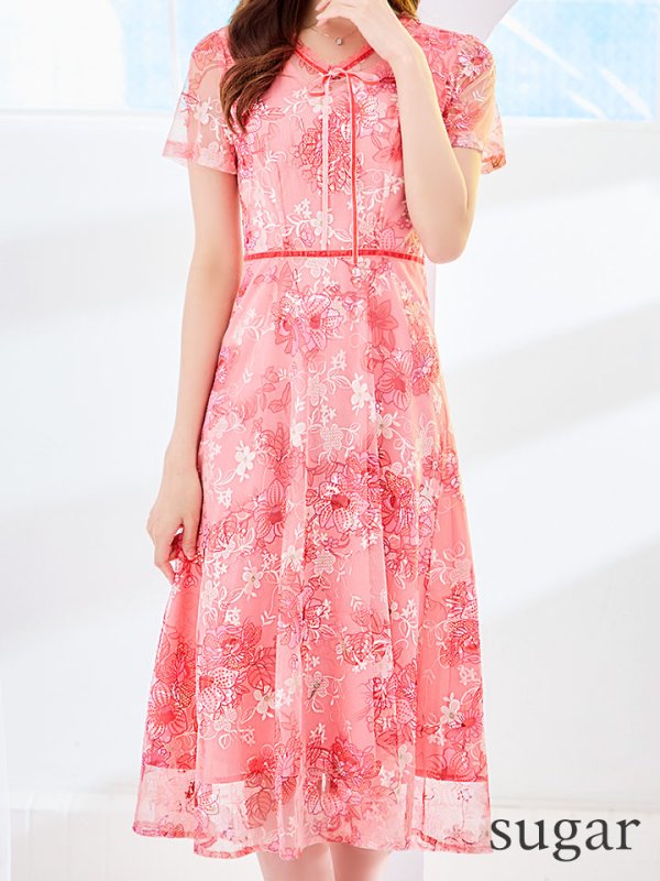 画像8: XS-Lサイズあり 【GINZA COUTURE/銀座クチュール】フラワー刺繍/ レース/ 半袖 / 袖あり/ Aライン/ ミディアム丈/ 膝丈/ ワンピース/ ミディアムドレス/ キャバドレス[OF2] (8)