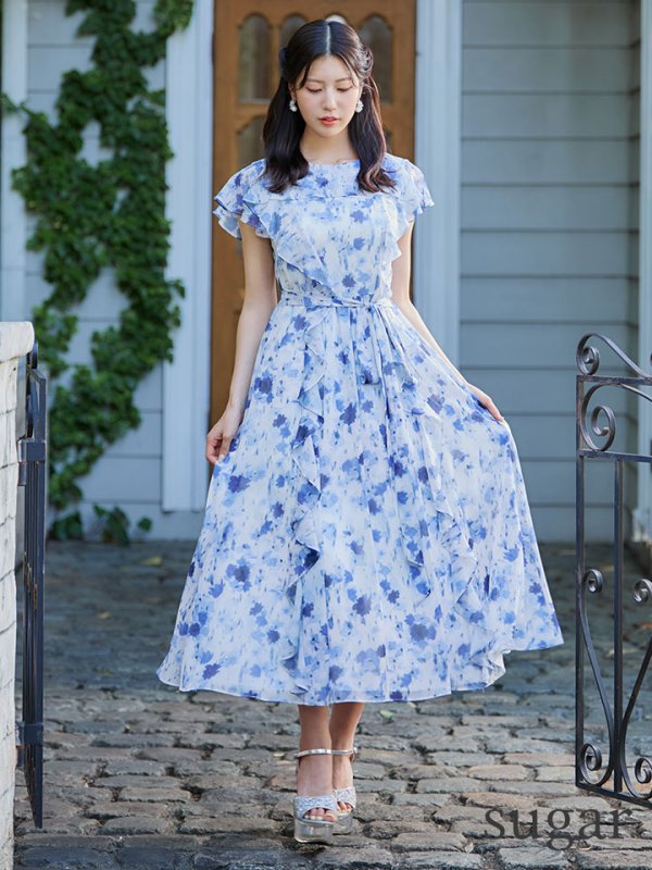 画像7: XS-Lサイズあり 【GINZA COUTURE/銀座クチュール】フラワープリント/ フリルデザイン/ ミモレ丈/ フレア/ Aライン/ ワンピース/ ミディアムドレス/ キャバドレス[OF2] (7)