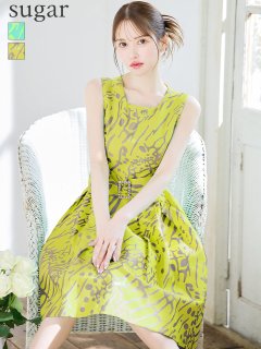 【GINZA COUTURE/銀座クチュール】プリント/ パールビジューバックル/ ノースリーブ/ フレア/ Aライン/ 膝丈/ ミディアムドレス/ キャバドレス
