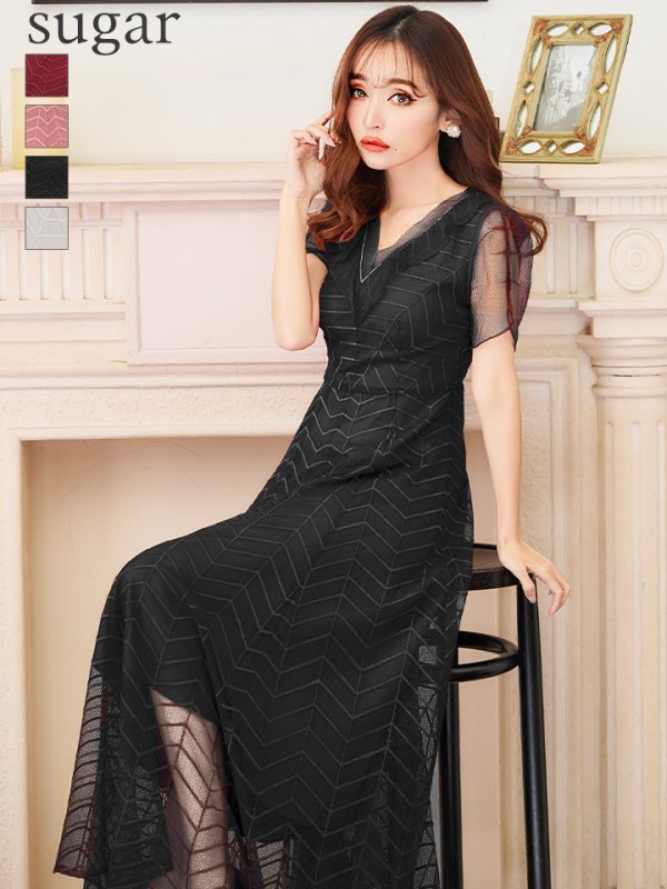 XS-Lサイズあり【GINZA COUTURE/銀座クチュール】シースルー/ ワンカラー/ 半袖/ マキシ丈/ワンピース/ミニドレス/ キャバドレス　ブラック