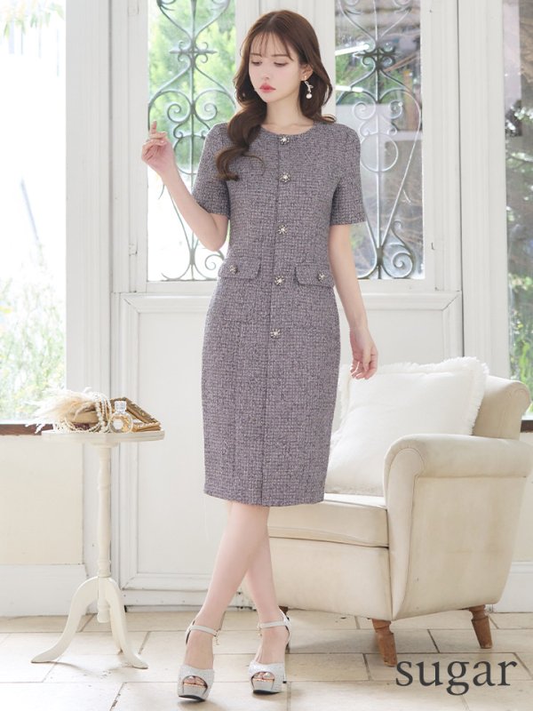 画像7: XS-Lサイズあり 【GINZA COUTURE/銀座クチュール】ビジューボタン/ ツイード/ 半袖/ 袖あり/ タイト/ 膝丈/ ワンピース/ ミディアムドレス/ キャバドレス[OF2] (7)