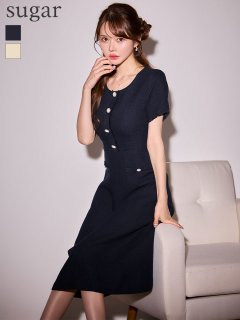 【GINZA COUTURE/銀座クチュール】シンプル/ ビジュー/ パールボタン/ 半袖/ 袖あり/ 膝丈/ フレア/ ミディアムドレス