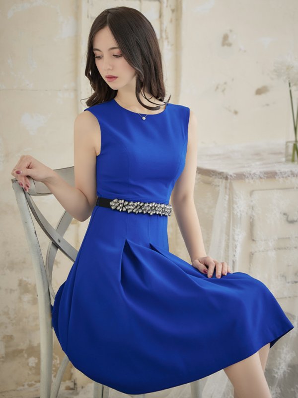 画像3: 【XSサイズあり】 【GINZA COUTURE/銀座クチュール】ワンピース/ ワンカラー/ ノースリーブ/ ベルト/ ビジュー/ プリーツ/ フレア/ ひざ丈/ ミディアムドレス/ キャバドレス[OF2] (3)