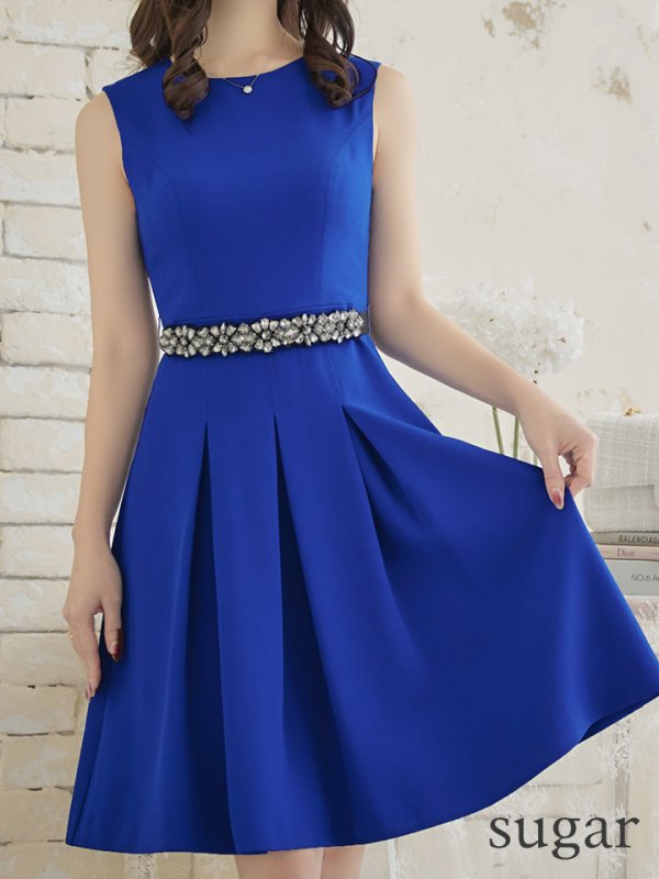 画像8: 【XSサイズあり】 【GINZA COUTURE/銀座クチュール】ワンピース/ ワンカラー/ ノースリーブ/ ベルト/ ビジュー/ プリーツ/ フレア/ ひざ丈/ ミディアムドレス/ キャバドレス[OF2] (8)