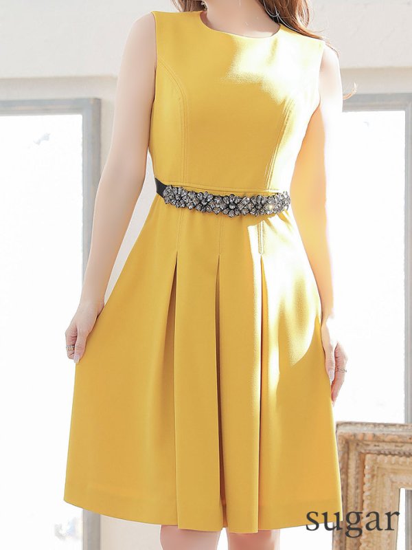 画像18: 【XSサイズあり】 【GINZA COUTURE/銀座クチュール】ワンピース/ ワンカラー/ ノースリーブ/ ベルト/ ビジュー/ プリーツ/ フレア/ ひざ丈/ ミディアムドレス/ キャバドレス[OF2] (18)