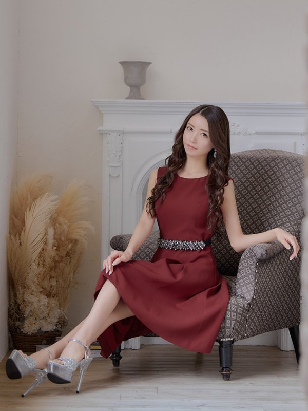 画像21: 【XSサイズあり】 【GINZA COUTURE/銀座クチュール】ワンピース/ ワンカラー/ ノースリーブ/ ベルト/ ビジュー/ プリーツ/ フレア/ ひざ丈/ ミディアムドレス/ キャバドレス[OF2] (21)