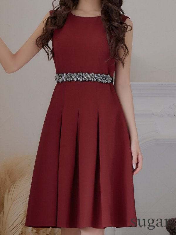 画像27: 【XSサイズあり】 【GINZA COUTURE/銀座クチュール】ワンピース/ ワンカラー/ ノースリーブ/ ベルト/ ビジュー/ プリーツ/ フレア/ ひざ丈/ ミディアムドレス/ キャバドレス[OF2] (27)
