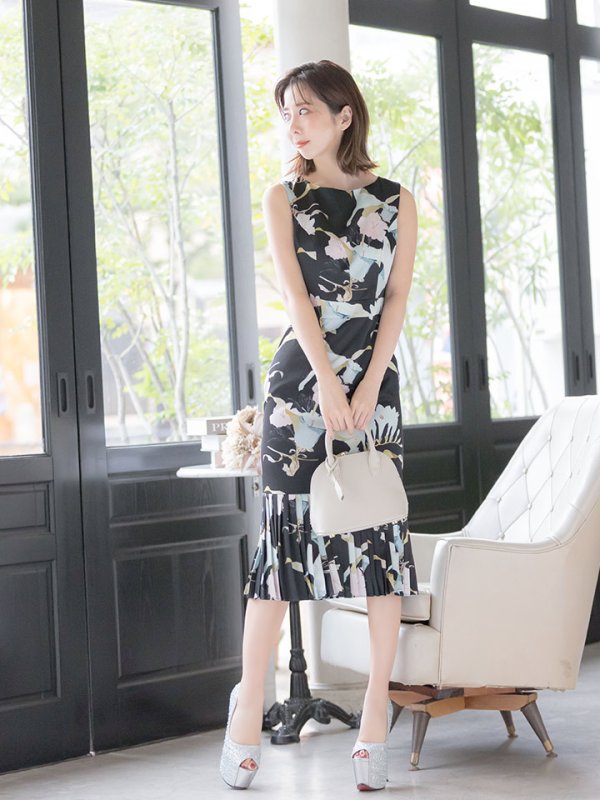 画像2: XS-Lサイズあり 【GINZA COUTURE/銀座クチュール】フラワープリント/ ノースリーブ/ プリーツ/ ミディアム丈/ ワンピース/ ミニドレス/ キャバドレス[OF2] (2)