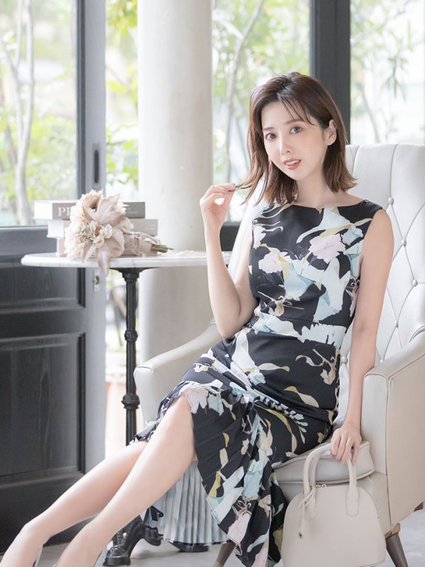 画像5: XS-Lサイズあり 【GINZA COUTURE/銀座クチュール】フラワープリント/ ノースリーブ/ プリーツ/ ミディアム丈/ ワンピース/ ミニドレス/ キャバドレス[OF2] (5)