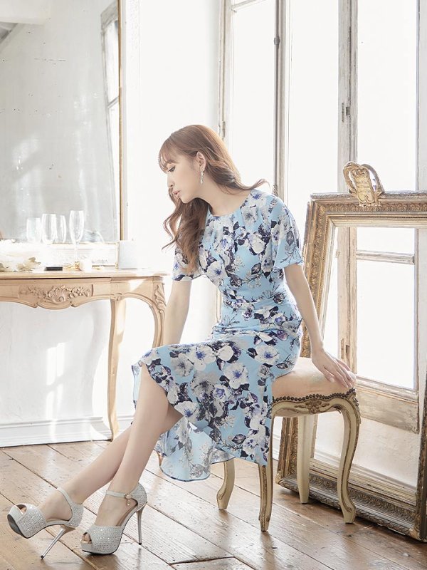 画像11: 【GINZA COUTURE/銀座クチュール】フラワープリント/ ショートスリーブ/ タックデザイン/ ミディアム丈/ ワンピース/ キャバドレス[OF2] (11)