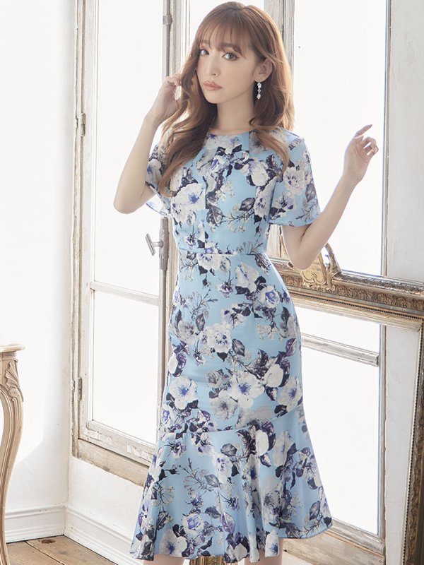 画像15: 【GINZA COUTURE/銀座クチュール】フラワープリント/ ショートスリーブ/ タックデザイン/ ミディアム丈/ ワンピース/ キャバドレス[OF2] (15)