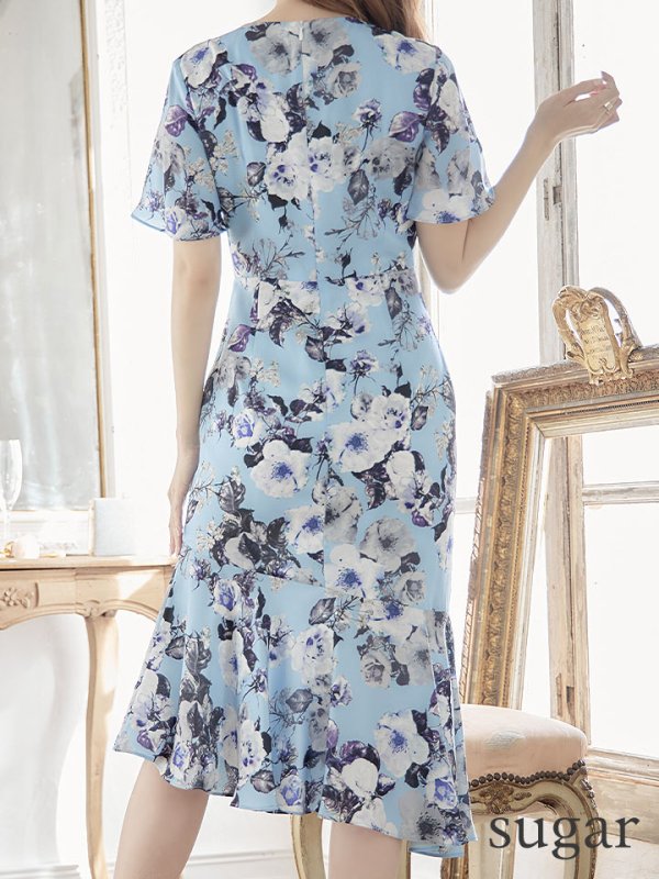 画像18: 【GINZA COUTURE/銀座クチュール】フラワープリント/ ショートスリーブ/ タックデザイン/ ミディアム丈/ ワンピース/ キャバドレス[OF2] (18)