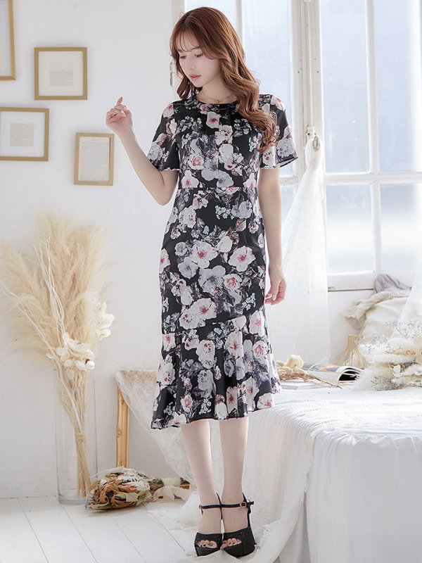 画像4: 【GINZA COUTURE/銀座クチュール】フラワープリント/ ショートスリーブ/ タックデザイン/ ミディアム丈/ ワンピース/ キャバドレス[OF2] (4)