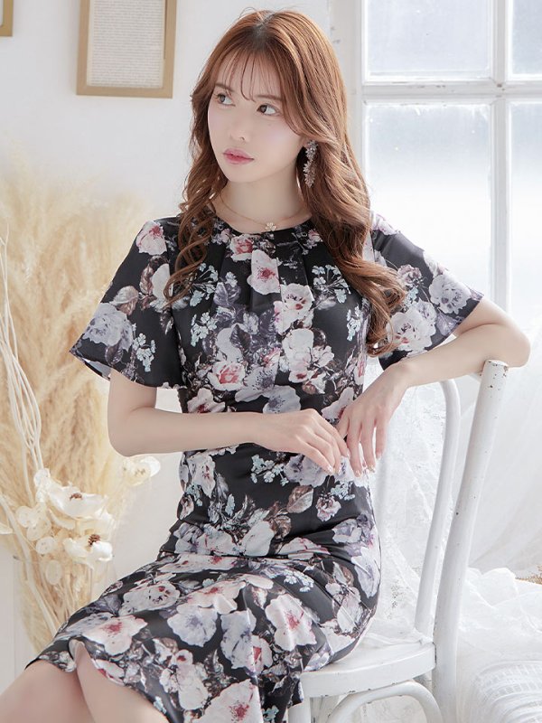 画像5: 【GINZA COUTURE/銀座クチュール】フラワープリント/ ショートスリーブ/ タックデザイン/ ミディアム丈/ ワンピース/ キャバドレス[OF2] (5)