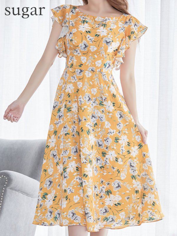 画像14: XS-Lサイズあり 【GINZA COUTURE/銀座クチュール】フラワープリント/ フリル/ Aライン/ ミディアム丈/ ワンピース/ ミニドレス/ キャバドレス[OF2] (14)