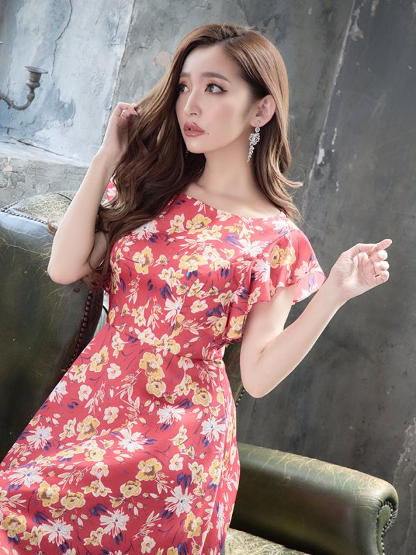 画像6: XS-Lサイズあり 【GINZA COUTURE/銀座クチュール】フラワープリント/ フリル/ Aライン/ ミディアム丈/ ワンピース/ ミニドレス/ キャバドレス[OF2] (6)