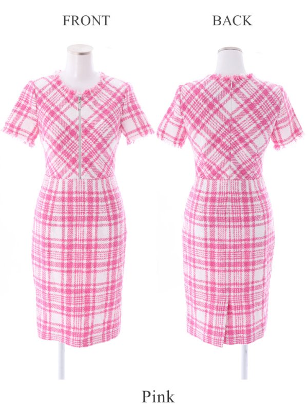 画像15: XS-Lサイズあり 【GINZA COUTURE/銀座クチュール】ツイード/ 半袖/ 袖あり/ フロントジップ/ タイト/ ワンピース/ ミニドレス/ キャバドレス[OF2] (15)