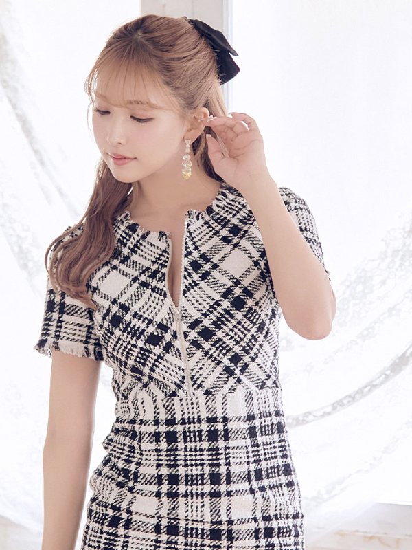 画像6: XS-Lサイズあり 【GINZA COUTURE/銀座クチュール】ツイード/ 半袖/ 袖あり/ フロントジップ/ タイト/ ワンピース/ ミニドレス/ キャバドレス[OF2] (6)