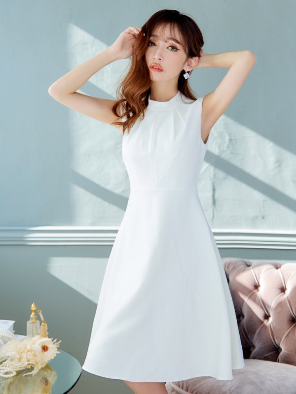 画像5: XS-Lサイズあり 【GINZA COUTURE/銀座クチュール】ノースリーブ/ ハイネック/ ワンカラー/ 膝丈/ ミディアム/ フレア/ ワンピース/ キャバドレス[OF2] (5)