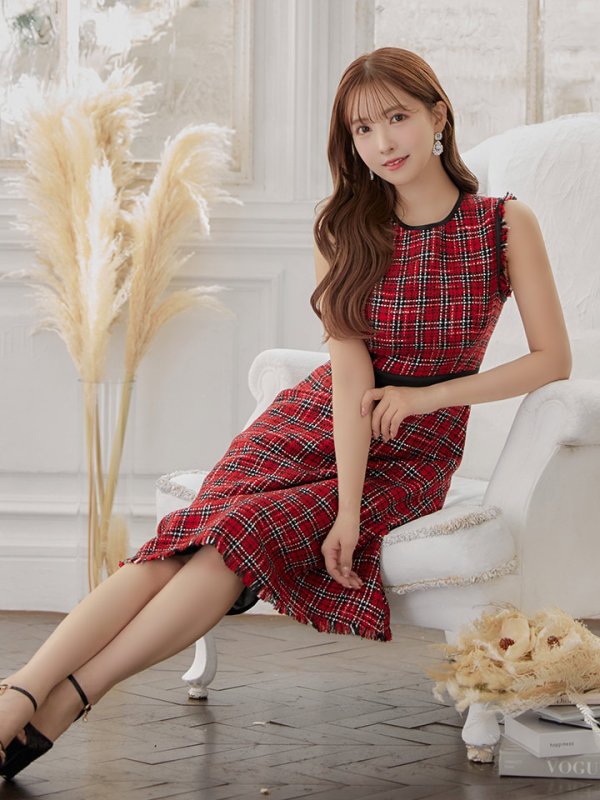 画像2: 【GINZA COUTURE/銀座クチュール】 ツイード/ ノースリーブ/ Aライン/ ワンピース/ ひざ丈/ ミディアムドレス/ キャバドレス[OF2] (2)