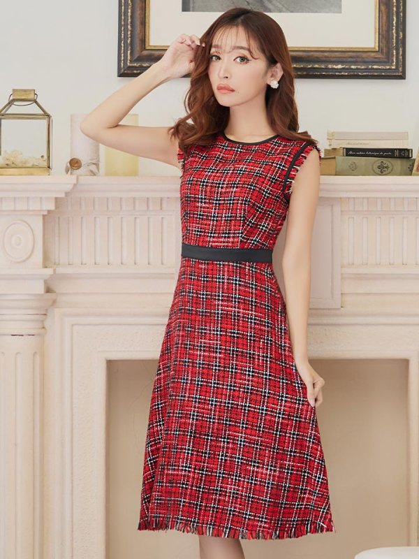 画像2: 【GINZA COUTURE/銀座クチュール】 ツイード/ ノースリーブ/ Aライン/ ワンピース/ ひざ丈/ ミディアムドレス/ キャバドレス[OF2] (2)