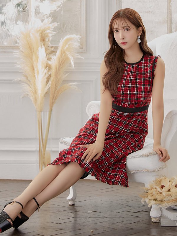 画像5: 【GINZA COUTURE/銀座クチュール】 ツイード/ ノースリーブ/ Aライン/ ワンピース/ ひざ丈/ ミディアムドレス/ キャバドレス[OF2] (5)