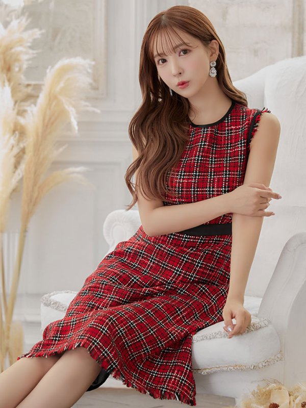 画像6: 【GINZA COUTURE/銀座クチュール】 ツイード/ ノースリーブ/ Aライン/ ワンピース/ ひざ丈/ ミディアムドレス/ キャバドレス[OF2] (6)