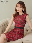 【XS-Lサイズあり】【GINZA COUTURE/銀座クチュール】ツイード/ チェック/ ノースリーブ/ パイピング/ タイト/ ワンピース/ ミディアムドレス/ キャバドレス　レッド