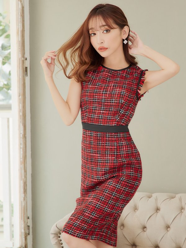 画像5: 【XS-Lサイズあり】 【GINZA COUTURE/銀座クチュール】ツイード/ チェック/ ノースリーブ/ パイピング/ タイト/ ワンピース/ ミディアムドレス/ キャバドレス[OF2] (5)