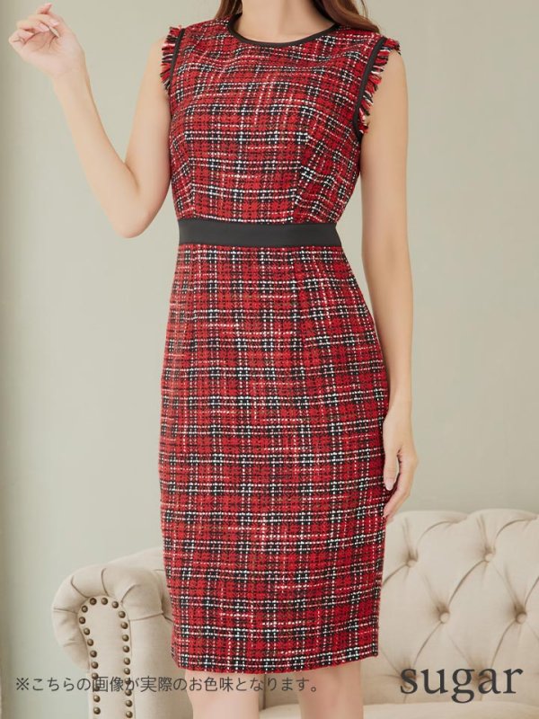 画像8: 【XS-Lサイズあり】 【GINZA COUTURE/銀座クチュール】ツイード/ チェック/ ノースリーブ/ パイピング/ タイト/ ワンピース/ ミディアムドレス/ キャバドレス[OF2] (8)