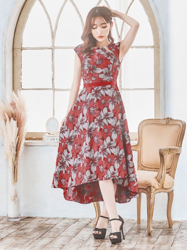 画像7: XS-Lサイズあり 【GINZA COUTURE/銀座クチュール】フラワー刺繍/ ボートネック/ ノースリーブ/ Aライン/ テールカット/ ミモレ丈/ ワンピース/ ミディアムドレス/ キャバドレス[OF2] (7)