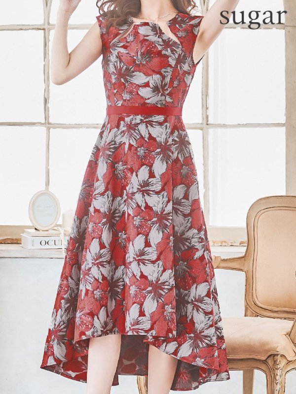 画像13: XS-Lサイズあり 【GINZA COUTURE/銀座クチュール】フラワー刺繍/ ボートネック/ ノースリーブ/ Aライン/ テールカット/ ミモレ丈/ ワンピース/ ミディアムドレス/ キャバドレス[OF2] (13)