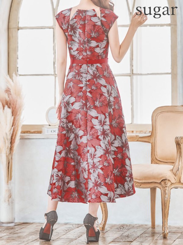 画像14: XS-Lサイズあり 【GINZA COUTURE/銀座クチュール】フラワー刺繍/ ボートネック/ ノースリーブ/ Aライン/ テールカット/ ミモレ丈/ ワンピース/ ミディアムドレス/ キャバドレス[OF2] (14)