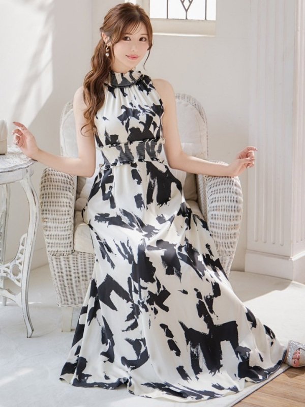 画像5: XS-Lサイズあり 【GINZA COUTURE/銀座クチュール】プリント/ ハイネック/ フリル/ ノースリーブ/ Aライン/ ロングドレス/ キャバドレスlong[OF2] (5)