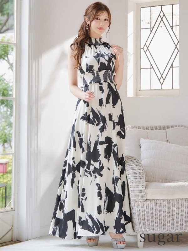 画像7: XS-Lサイズあり 【GINZA COUTURE/銀座クチュール】プリント/ ハイネック/ フリル/ ノースリーブ/ Aライン/ ロングドレス/ キャバドレスlong[OF2] (7)