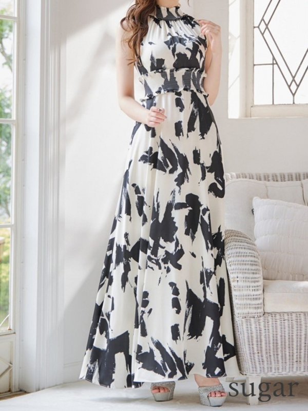 画像8: XS-Lサイズあり 【GINZA COUTURE/銀座クチュール】プリント/ ハイネック/ フリル/ ノースリーブ/ Aライン/ ロングドレス/ キャバドレスlong[OF2] (8)